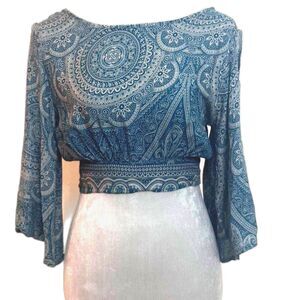 Culture Boho Teal Paisley Tie Back Crop Top Festival Bell Sleeve